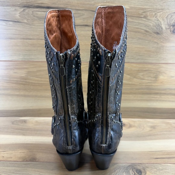 DAN POST Sexy Back Harness Boots 6.5 M Distressed Black Brown Studded Heeled - Picture 8 of 11